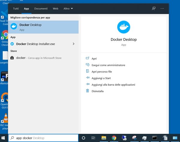 L'applicazione Docker nel menu di avvio di Windows 10