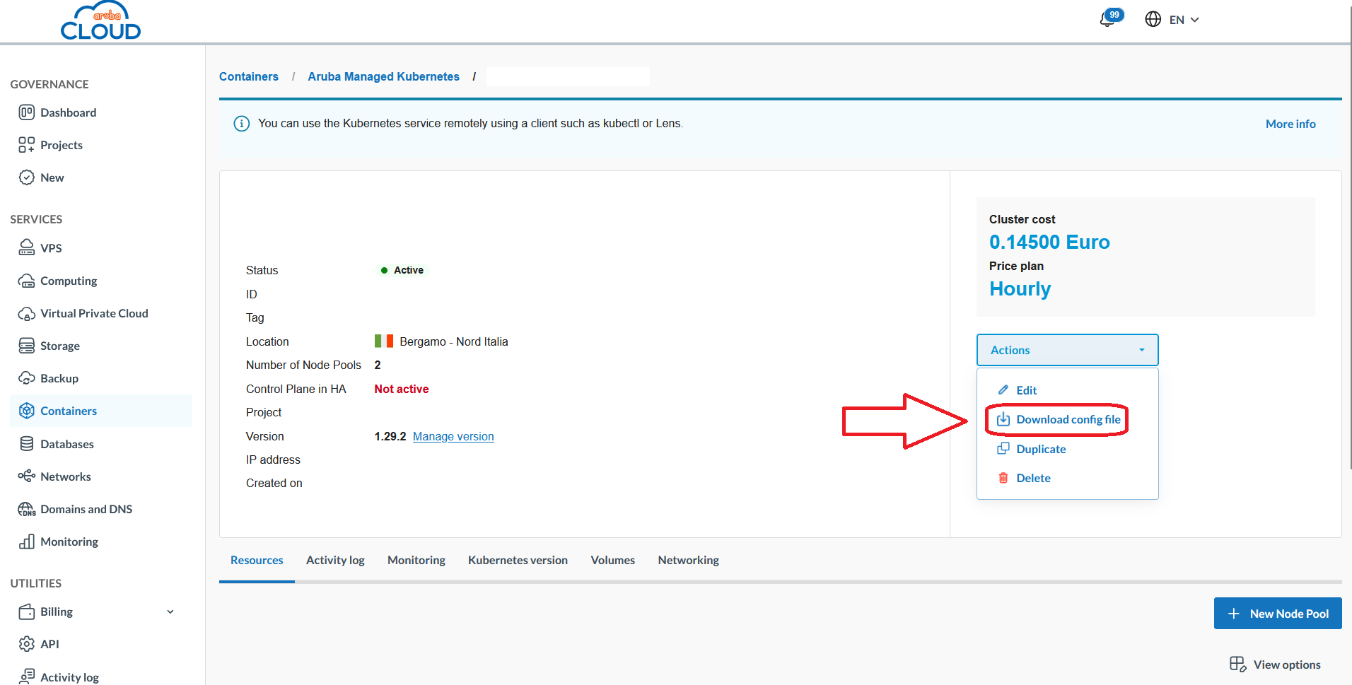 2. Scarica il kubeconfig file per interagire con il cluster tramite kubectl.