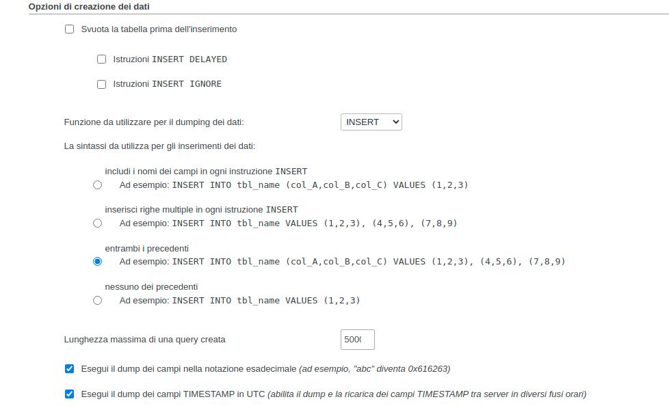 Opzioni di creazione dei dati