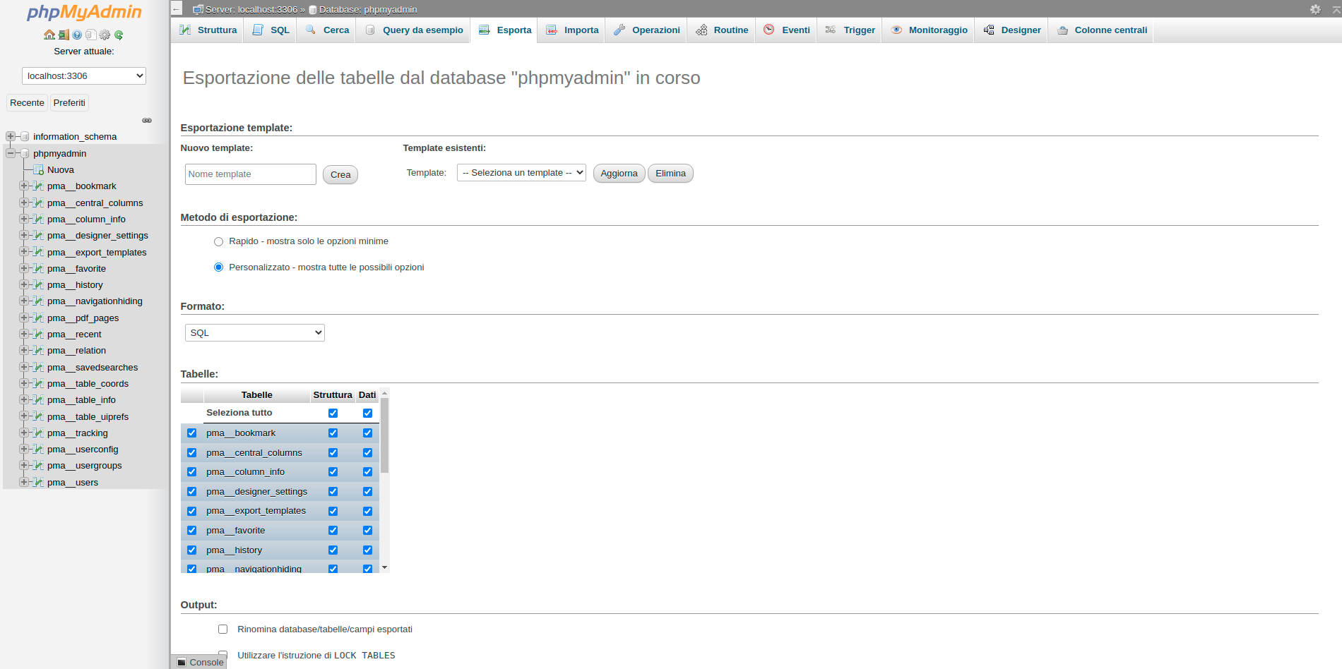 Esportazione tabelle
