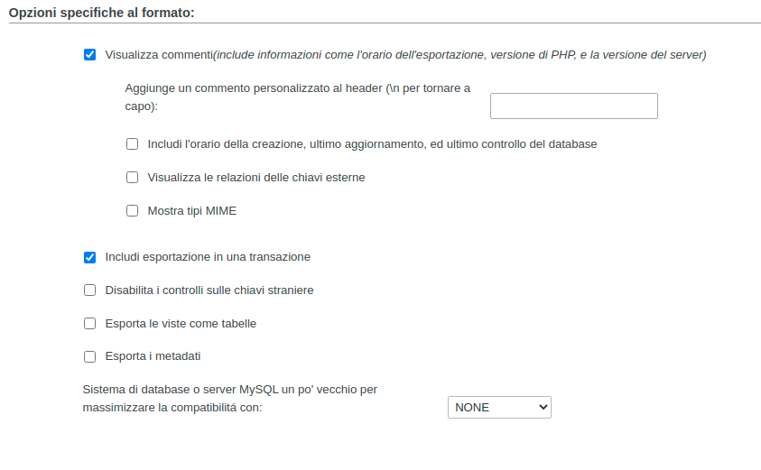Opzioni formato di esportazione