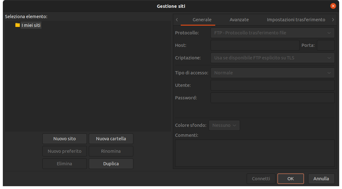 Gestore di connessioni Filezilla