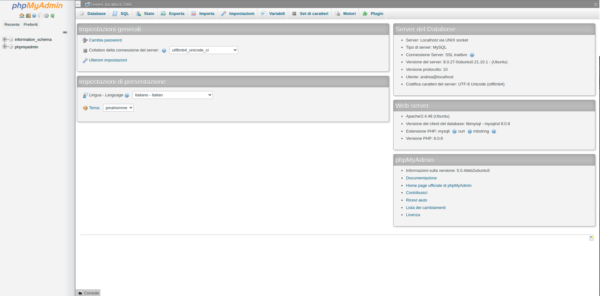 Interfaccia PhpMyAdmin