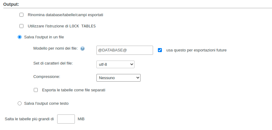 Scelta output export tabelle