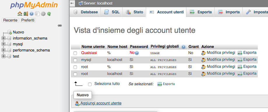 Account Utenti PhpMyAdmin Account Utenti PhpMyAdmin